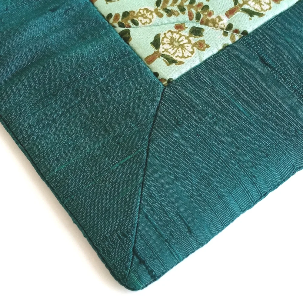 Set of 2 Silk Vintage Teal Trimmed Cream Floral Quilted 15”x 15” Pillow Shams